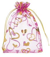 Lanswe 100 Pack Sheer Organza Drawstring Bags Heart Floral Print Jewelry Pouches Candy Gift Bags Wedding Party Favor Mesh Christmas Pouches (Hotpink, 5''x7'')