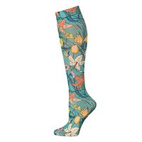Celeste Stein Women's Closed Toe Mild Compression Knee High Stockings - Turquoise Lilies Floral Sublimated Print