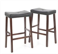 Barstool, Set of 2 - Upholstered Faux Leather Saddle Seat Barstool in Mahogany