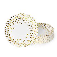 Party Paper Plates, 50-Pack Disposable White and Gold Plates, Foil Polka Dots, 9-Inch