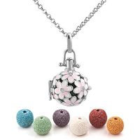 Heart of Charms Flower Lava Stone Heart Aromatherapy Essential Oil Diffuser Necklace Antique Locket Pendant and 6 Cashmere Sustained Release Ball (pink flower silver plated)
