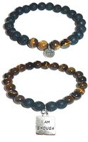 Hidden Hollow Beads Charm Tigers Eye and Black Lava Natural Stone Women's Yoga Beaded Stretch Bracelet Set. Comes in A Gift Box! (I am Enough)
