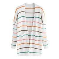 HNTDG Women Open Front Rainbow Striped Cardigan Long Sleeve V-Neck Lightweight Knit Sweater Top Blouse