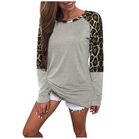 Meikosks Women's Long Sleeve O Neck Top Leopard Print Splice T Shirt Fashion Pullover Blouses Gray