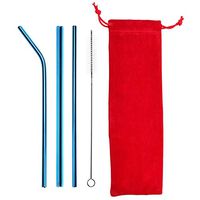 Reusable Stainless Steel Straws Set, Whitelotous Metal Drinking Straws with Red Travel Case and Cleaning Brush for Smoothie Coffee Bubble Boba Tea, 8.5 inch (Blue)