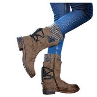 Women‘s Retro Mid-Calf Roma Boots Casual Vintage Lace Up Chunky Thick Heels Shoes Slip-on Zipper PU Leather Snow Boots (US:5, Khaki)