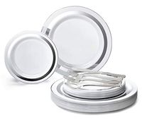 " OCCASIONS" 150pcs set (25 Guests)-Wedding Plastic Plates & cutlery -Disposable heavyweight Dinnerware 10.5'', 7.5'' + Silverware w/double fork (Soleil White & Silver)