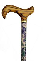 Walking Cane Lavender Lace. Elegant floral print in shades of purple on a dark background. Maple wood shaft with a scorched derby handle. Weight capacity 250 pounds; 35-36 inches long.