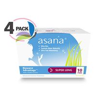 Asana Super Long Overnight Sanitary Pads with Wings for Women – Unscented, Latex Free, Naturally Helps Prevents Odor Caused from Yeast Candida – 10 Count - Pack of 4