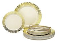 " OCCASIONS" 150pcs set (25 Guests)-Wedding Plastic Plates & cutlery -Disposable heavyweight Dinnerware 10.25'', 7.5'' + Silverware w/double fork (Florence Ivory & Gold)