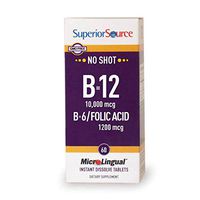 Superior Source No Shot Vitamin B12 Methylcobalamin 10,000 mcg Sublingual - B6 - Folic Acid - Instant Dissolve Tablets - Methyl B12 Supplement 60 Count