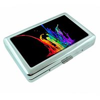 Rainbow Paint Splatter Em1 Hip Silver Cigarette Case Id Holder Metal Wallet 4" X 2.75" RFID Protection
