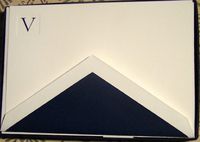 Crane CC30V1 Hand Engraved Navy Blue Initial Cards"V" On Pearl White Kid Finish Paper 10 Cards 10 Envelopes 4 3/8" x 6 9/16" Limit 1 Per Customer