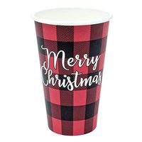 Greenhouse Compostables, Merry Christmas Paper Cups, 50 ct, 16oz - 100% Compostable, Red and Black Buffalo Check Plaid, Disposable Holiday Party Drinkware