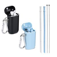 Reusable Collapsible Silicone Straws, Portable Folding Drinking Straws with Case, Cleaning Brush and Keychain for 20 or 30 oz Tumblers (Black and Blue)