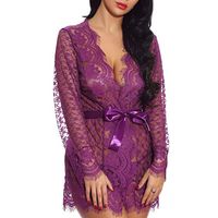 Pajamas Fashion Women Summer Pajama Lace Sexy Lingerie See Through Mesh Striped Robe with Belt Sleepwear Purple