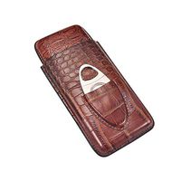 Jolly 3- Finger Brown Leather Cigar Case, Cedar Wood Lined Cigar Humidor with Silver Stainless Steel Cutter