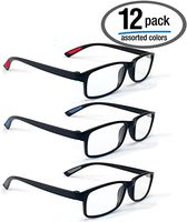 12 Pack Reading Glasses by BOOST EYEWEAR, Ultra Lightweight, Matte Black Rectangular Frames, with Non-Slip Cushion Inserts in 3 Accent Colors, for Men and Women, Matte Black, 12 Pairs (+1.50)