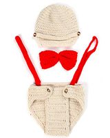 2 Set Newborn Baby Boy Cap Beanie Costume Photography Prop Double Set | Includes Crochet Cap Beanie Outfits with Suspenders Bowtie Diaper and Cap Beanie Short and Tie Set (0-12months)