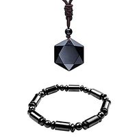 Black Obsidian Hexagram Natural Stone Pendant Necklace and Hematite Bracelet Hematite Metal Magnetic Therapy Bracelets