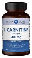 Vitamin World L-Carnitine 500mg.Assists Energy & Fat Metabolism Supports Coronary Health 120 Coated caplets