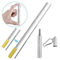 Reusable Collapsible Drinking Straws with case Portable Telescopic Folding Stainless Steel Metal Straw, Silicone Tips, Folding Cleaning Brush (Silver case & Original Color Straws)