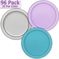 96 Paper Dinner Plates (9") - Lavender, Silver, Aqua - 32 Per Color, 3 Colors - Great Assortment for Birthday Parties, Weddings, Holidays, Baby Shower, Celebrations, and more