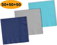 150 Beverage Napkins, Navy blue, Shimmering Silver, Island Blue - 50 Each Color. 2 Ply Paper Cocktail Napkins. 5" folded, 10" unfolded.