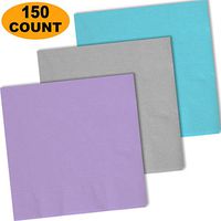 150 Lunch Napkins, Lavender, Shimmering Silver, Island Blue - 50 Each Color. 2 Ply Paper Dinner Napkins. 6.5" folded, 13.5" unfolded.