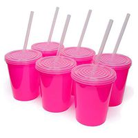Rolling Sands 16oz Reusable Plastic Stadium Hot Pink Cups with Lids, 6 Pack, USA Made. BPA-Free Dishwasher Safe Plastic Tumblers and Lids, Includes 6 Reusable Straws