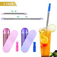 Collapsible Reusable Drinking Straws,Telescopic Drinking Folding Straw Stainless Steel Portable Detachable 2 Pack Set with Travel Case and Cleaning Brush,Blue and Dark Pink