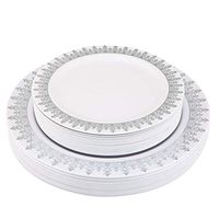 Set of 40 Disposable Dinner Plates Bundle Combo | Premium Quality Firm White Plastic | Elegant Silver Designed Rims | Bulk Qty 20x 10.25'' Dinner Plates + 20x 7.25'' Salad Plates
