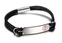 JF.JEWELRY Medical Alert ID Bracelets for Women 2-Layers Black Leather Woven Link-Free Engraving