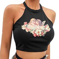 LIEJIE Sex Lady Womens Sleeveless Round Neck Holiday Top Angel Print Blouse Summer Halter Floral Printed Cami Tank Tops (Black, S)