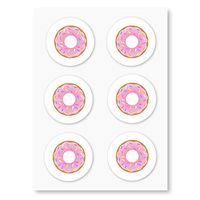Pink Donuts Stickers, Circle Seals, Party Favor Labels, Cupcake Toppers, by Once Upon Supplies, 1.5 Inches, 60 Stickers, White