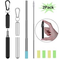 Collapsible Reusable Straws Stainless Steel, Telescopic Metal Straws Drinking Straw with Portable Travel Case, Keychain, Cleaning Brush, Silicone Tips, 2 Pack (Black & Sliver)