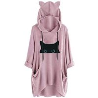 HNTDG Women Casual Oversized Print Cat Ear Hooded Shirt Solid Long Sleeve Pocket Irregular Blouse Top Pink