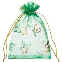Lanswe 100 Pack Sheer Organza Drawstring Bags Butterfly Floral Print Jewelry Pouches Candy Gift Bags Wedding Party Favor Mesh Christmas Pouches (Green, 5''x7'')