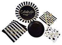 Black and Gold Party Supplies Birthday New Years Eve Holiday for 16 : Gold Foil Stamped Dinner Paper Plates, Small Plates, Gold Napkins and Elegant Gold Shiny Cutlery Silverware