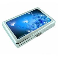 Blue Butterfly Flower Em1 Hip Silver Cigarette Case Id Holder Metal Wallet 4" X 2.75" RFID Protection