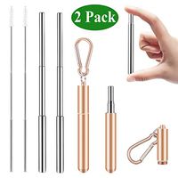 Senneny 2 Pack Telescopic Reusable Straws Stainless Steel Metal Drinking Straw Portable Collapsible Straw with Travel Case Cleaning Brush Keychain (Rose Gold & Rose Gold)