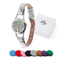 Aromatherapy Essential Oil Diffuser Bracelet Stainless Steel Locket Black Leather Band Jewelry w/ 8pcs Cotton Pads Gift for Girls/Women (Silver)
