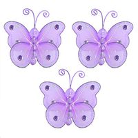 3" Purple Mini (X-Small) Wire Bead Butterfly Butterflies 3pc set - hanging nylon nursery bedroom girls room ceiling wall decor, wedding birthday party baby bridal shower