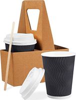 85 Set 12 oz Disposable Coffee Cups with Lids Wooden Stirrers Cup Carriers (Triple Layer) Paper Coffee Cups with Lids - Insulated Togo Coffee Cups with Lids - Recyclable Paper Cups Easy to Grasp