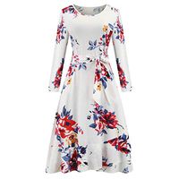 BBFairy Women's Vintage Printed Dress Long Sleeve with Belt Christmas Casual Party Evening Dress White