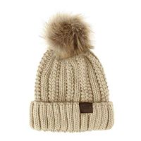 Theoylos Womens Winter Thick Cable Knit Beanie Faux Fur Pom Hat Ladies Fleece Lined Skull Cap Warm Beanie Hat Beige