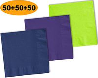 150 Beverage Napkins, Navy blue, Grape Purple, Lime Green - 50 Each Color. 2 Ply Paper Cocktail Napkins. 5" folded, 10" unfolded.