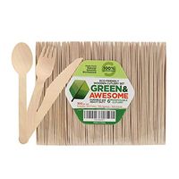 Disposable Wooden Cutlery Set - 300 pc,100 Forks, 100 Spoons, 100 Knives, 6" Length Eco-Friendly 100% Compostable Biodegradable, Natural Wooden Utensils, Party Use, Camping by GREEN & AWESOME