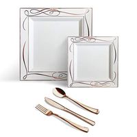 Helen’s 125 Piece Rose Gold Square Disposable Plastic Plates Cutlery Set|Silverware Premium Quality Wedding Party|Set Include: 25 Dinner Plates + 25 Dessert Plates + 25 Forks + 25 Spoons + 25 Knives