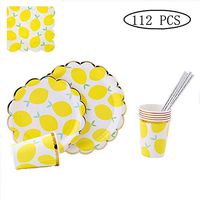 112 Piece Disposable Dinnerware Set,MaitianGuyou Plates, Cups, Straws & Napkins: 20 Dinner Plates, 20 Dessert Plates, 20 Cups, 20 Straws & 32 Napkins for Party(Lemon)